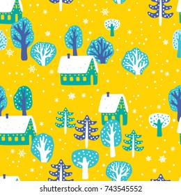 Winter and Christmas seamless pattern on a yellow background. Vector illustration. It can be used for backgrounds, surface textures, wallpapers, pattern fills.