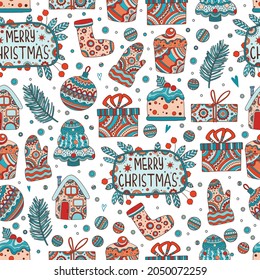 Winter Christmas seamless pattern outline hand drawn vector. Print xmas sticker. Xmas floral tree