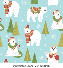 Winter Christmas seamless pattern of polar bear vector illustration