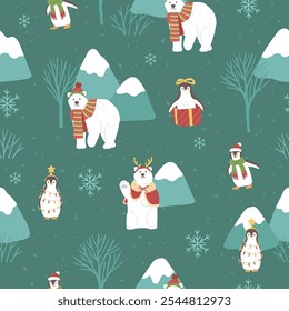 Winter Christmas seamless pattern of polar bear and penguin landscape mountain animal vector illustration