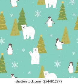 Winter Christmas seamless pattern of polar bear and penguin animal vector illustration