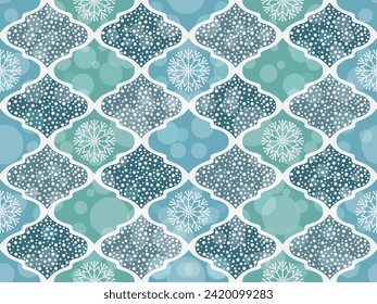 Winter Christmas seamless pattern with rhombuses in pastel colors  with snow, snowflakes and bokeh. Vector image

