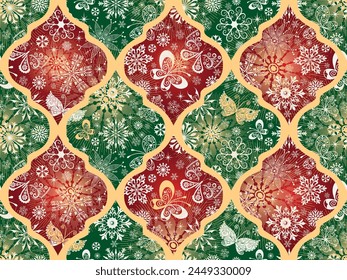 Winter Christmas seamless pattern with rhombuses red, green and goldenl colors with snowflakes and butterflies. Vector image	