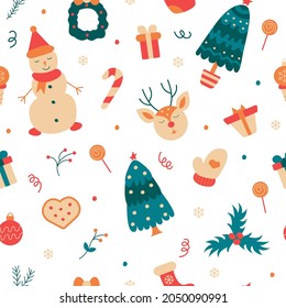 Winter Christmas seamless pattern. Snowman, Christmas tree, gifts and toys. Vector illustration on white background.