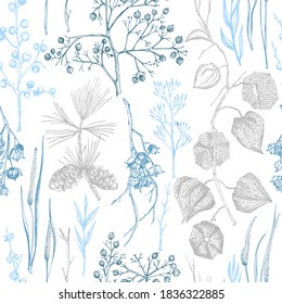 Winter-Weihnachten nahtloses Muster mit Zweigen, Beeren und Blättern von Pflanzen einzeln auf weißem Hintergrund. handgezeichnete Vintage-Skizze botanische Illustration Gravur-Stil Flache Vektorgrafik