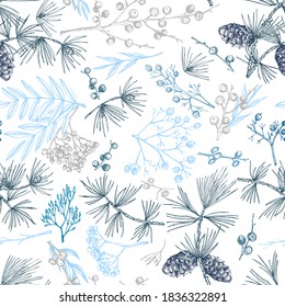 Winter christmas seamless pattern with twigs, berries, and leaves of plant isolated on white background. Hand-drawn vintage sketch botanical illustration Engraving style Flat color vector illustration