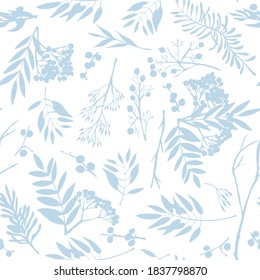 Winter christmas seamless pattern with twigs, berries, and leaves of plant isolated on white background. Hand-drawn vintage sketch botanical illustration Engraving style Flat color vector illustration