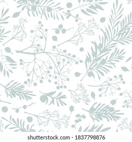 Las navidades de invierno se caracterizan por un patrón impecable con ramas, bayas y hojas de plantas aisladas en fondo blanco. Esbozo vintage dibujado a mano Ilustración botánica Estilo de grabado Ilustración vectorial de color plano