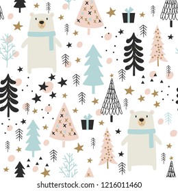 Winter Christmas Seamless  Pattern, Vector Children Background, kids wallpaper for fabric, textile, clothes, paper, scrapbooking, planner, sticker