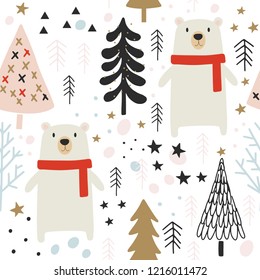 Winter Christmas Seamless  Pattern, Vector Children Background, kids wallpaper for fabric, textile, clothes, paper, scrapbooking, planner, sticker