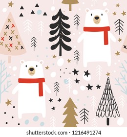 Winter Christmas Seamless  Pattern, Vector Children Background, kids wallpaper for fabric, textile, clothes, paper, scrapbooking, planner, sticker