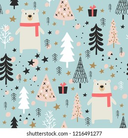 Winter Christmas Seamless  Pattern, Vector Children Background, Kids Wallpaper For Fabric, Textile, Clothes, Paper, Scrapbooking, Planner, Sticker