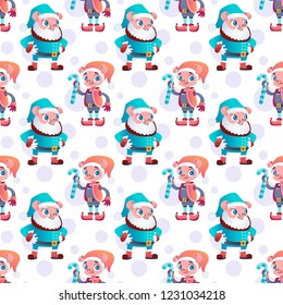 Winter Christmas seamless pattern in the year of the pig in 2019 with Santa Claus and Santa's helper a detailed picture of the characters white-blue-golden colors
