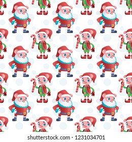 Winter Christmas seamless pattern in the year of the pig in 2019 with Santa Claus and Santa's helper a detailed picture of the characters white-red-green colors