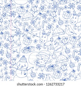 Winter Christmas seamless vector pattern. Icons of Santa, snowman, deer, bell, Christmas tree.
