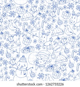 Winter Christmas seamless vector pattern. Icons of Santa, snowman, deer, bell, Christmas tree.