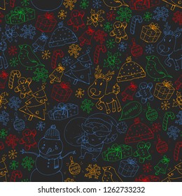 Winter Christmas seamless vector pattern. Icons of Santa, snowman, deer, bell, Christmas tree.