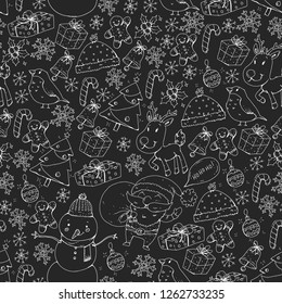 Winter Christmas seamless vector pattern. Icons of Santa, snowman, deer, bell, Christmas tree.