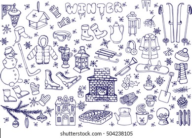 Winter Christmas  season doodle set.Vintage vector decoration,New year doodle elements.Snowflakes,food,snowman,fireplace ,Knitted wear, holiday symbols.Hand drawn isolated.Christmas holiday