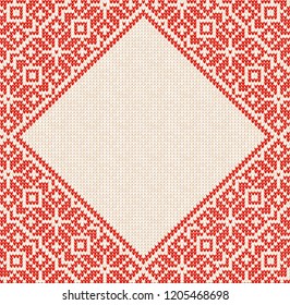 Winter Christmas Season Frame Border Poster Invitation Flyer Banner Label Tag Template. Vector illustration knitted background pattern with snowflakes, scandinavian ornaments. White, red colors