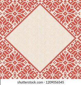 Winter Christmas Season Frame Border Poster Invitation Flyer Banner Label Tag Template. Vector illustration knitted background pattern with snowflakes, scandinavian ornaments. White, red colors