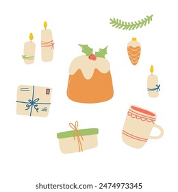 Winter and Christmas set in cartoon cozy style. Hand drawn elements of cupcake, candles, Christmas tree toy, gift, letter, cup of cocoa. Colored flat illustration