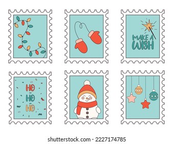 Winter and christmas set of festive stamps for postcards