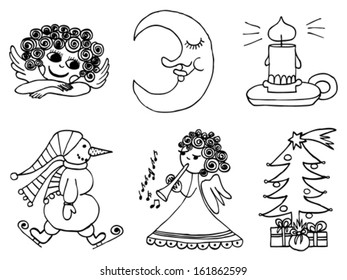 Winter Christmas set, isolated objects on white background. Cheerful angel, sleeping moon, candle, snowman on ice skates, angel as flute player, Christmas tree with gifts.