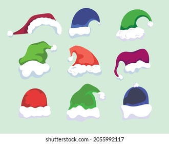 Winter Christmas set red hat Santa Claus collection flat accessory furry clothes new year decoration seasonal element papa noel costume with fur Xmas fashion details vector holiday illustration 