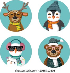 Winter Christmas Set of Vector Cartoon Characters. Cute, adorable mascots collection wearing fashionable accessories for cold weather
