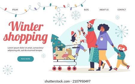 Winter and Christmas shopping website banner layout, flat vector illustration. Web banner or landing page mockup with parents and kids shopping in winter.