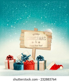 Winter christmas with a sign, gift boxes and a santa hat background. Vector.