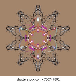 Winter christmas snow flat crystal element. Weather illustration ice collection. Vector. Snowflake vector icon background beige, gray and brown color. Xmas frost snow flake isolated silhouette symbol.