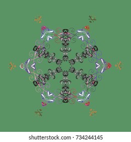 Winter christmas snow flat crystal element. Snowflake vector background green, gray and violet color. Vector. Xmas frost snow flake isolated silhouette symbol. Weather illustration ice collection.