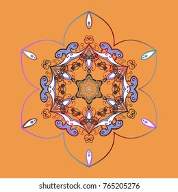 Winter christmas snow flat crystal element. Weather illustration ice collection. Xmas frost snow flake isolated silhouette symbol. Vector. Snowflake vector icon background orange, red and blue color.