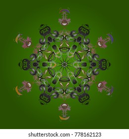 Winter christmas snow flat crystal element. Snowflake vector icon background green, gray and brown color. Xmas frost snow flake isolated silhouette symbol. Weather illustration ice collection. Vector.