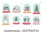 Winter Christmas snow globe of holiday house, car and snowman vector illustration