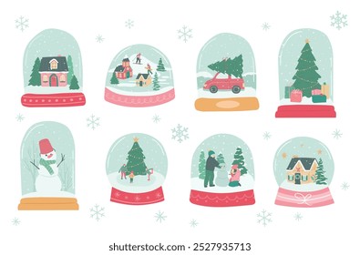 Winter Christmas snow globe of holiday house, car and snowman vector illustration