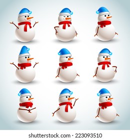 Winter christmas snowman emotions icons set isolated vector illustration