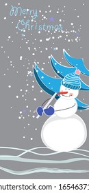 Winter Christmas Snowman at the Christmas tree with gifts