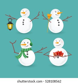 Winter Christmas snowmen collection. Vector illustration. Funny snowman set isolated on white background. Cartoon snowman greeting.