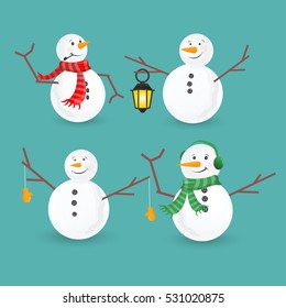 Winter Christmas snowmen collection. Vector illustration. Funny snowman set isolated on white background. Cartoon snowman greeting.