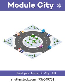 Winter Christmas snowy city road with trees in an isometric urban landscape