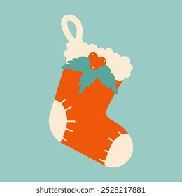 Winter Christmas sock. Element of winter celebration with cute holiday design. Vector Illustration