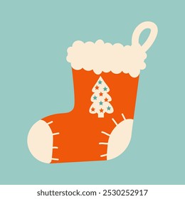 Winter Christmas sock. Element of winter celebration with cute holiday design. Vector Illustration