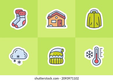 winter christmas socks house jacket hat and thermometer cloud icon for sticker or stickers set collection