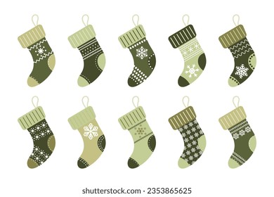 Winter Christmas socks with snowflake ornament, stikcers set. Icons, vector	
