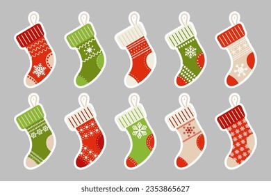 Winter Christmas socks with snowflake ornament, stikcers set. Icons, vector	
