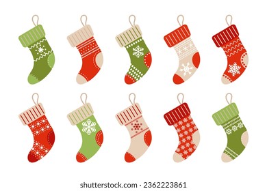 Winter Christmas socks with snowflake ornament, stickers set. Icons, vector	