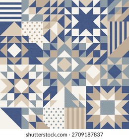 Patchwork de estrellas de Navidad de invierno, fondo geométrico, patrón de arte popular de edredón de Vector sin costuras